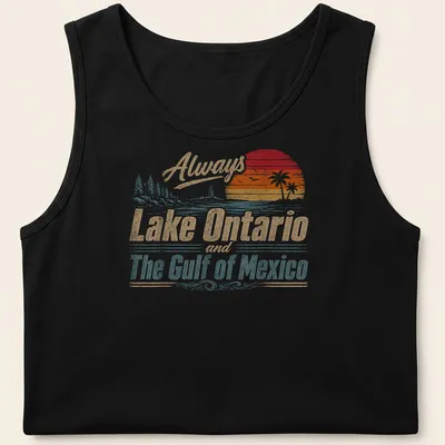Retro distressed t-shirt featuring a lighthouse and palm trees with printed text about Lake Ontario and the Gulf of Mexico. — printed on a tank top