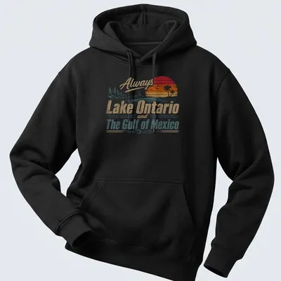 Retro distressed t-shirt featuring a lighthouse and palm trees with printed text about Lake Ontario and the Gulf of Mexico. — printed on a unisex hoodie