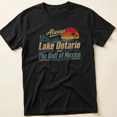 Retro distressed t-shirt featuring a lighthouse and palm trees with printed text about Lake Ontario and the Gulf of Mexico. — printed on a unisex t-shirt