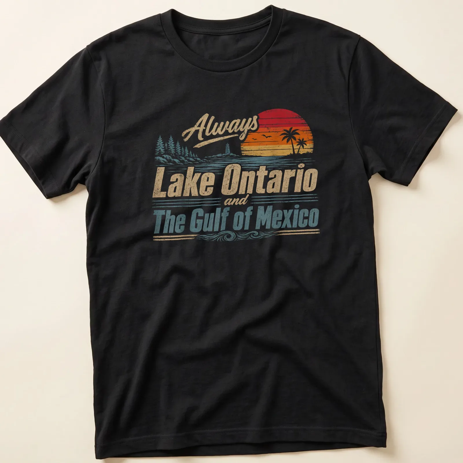 Retro distressed t-shirt featuring a lighthouse and palm trees with printed text about Lake Ontario and the Gulf of Mexico. — printed on a unisex t-shirt