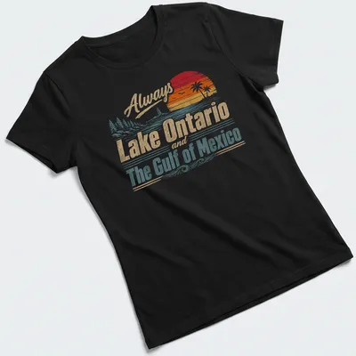 Retro distressed t-shirt featuring a lighthouse and palm trees with printed text about Lake Ontario and the Gulf of Mexico. — printed on a women's shirt