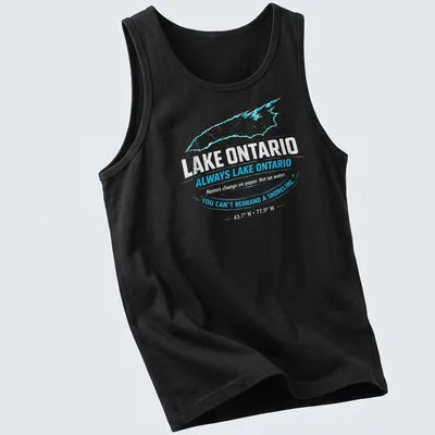Distressed design t-shirt featuring Lake Ontario and humorous text about shorelines — printed on a tank top