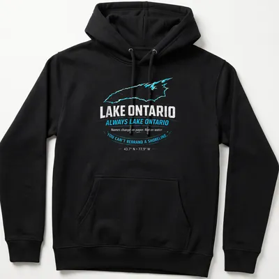 Distressed design t-shirt featuring Lake Ontario and humorous text about shorelines — printed on a unisex hoodie