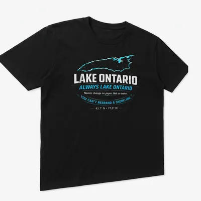 Distressed design t-shirt featuring Lake Ontario and humorous text about shorelines — printed on a unisex t-shirt (angled view)