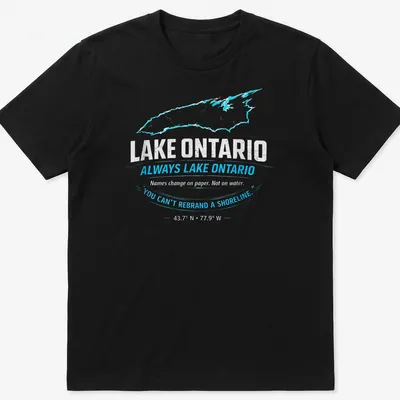 Distressed design t-shirt featuring Lake Ontario and humorous text about shorelines