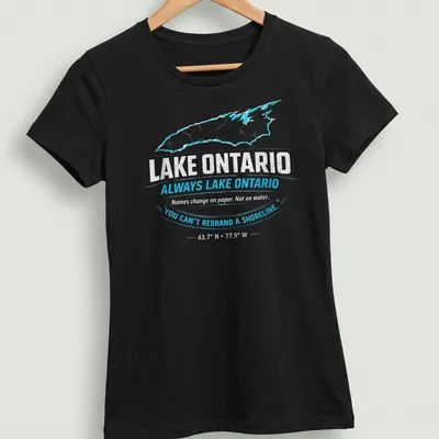 Distressed design t-shirt featuring Lake Ontario and humorous text about shorelines — printed on a women's shirt