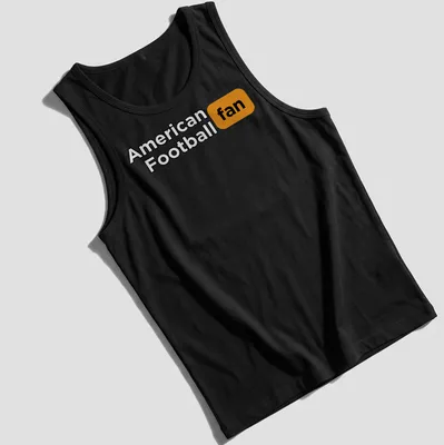 Bold typography t-shirt with American Football fan text in black, orange, and white — printed on a tank top