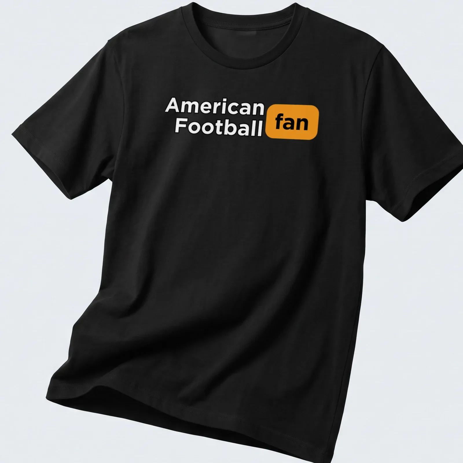 Bold typography t-shirt with American Football fan text in black, orange, and white — printed on a unisex t-shirt