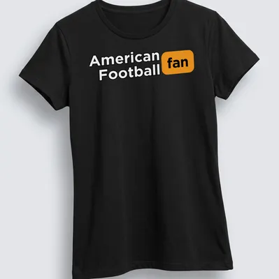 Bold typography t-shirt with American Football fan text in black, orange, and white — printed on a women's shirt