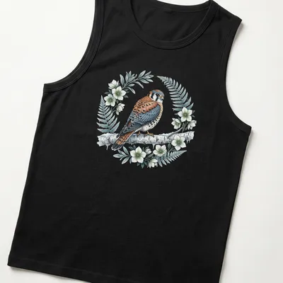 Vintage botanical illustration of American Kestrel bird in a wreath — printed on a tank top