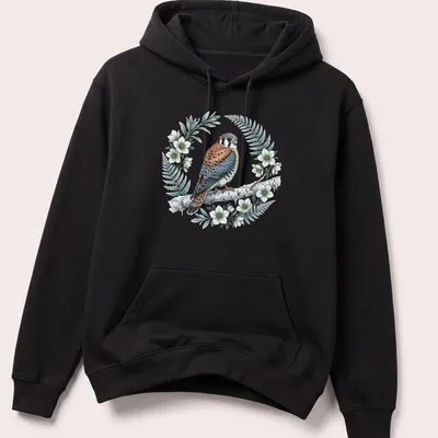 Vintage botanical illustration of American Kestrel bird in a wreath — printed on a unisex hoodie