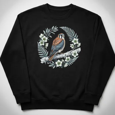 Vintage botanical illustration of American Kestrel bird in a wreath — printed on a unisex sweatshirt