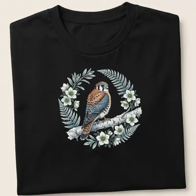 Vintage botanical illustration of American Kestrel bird in a wreath — printed on a unisex t-shirt