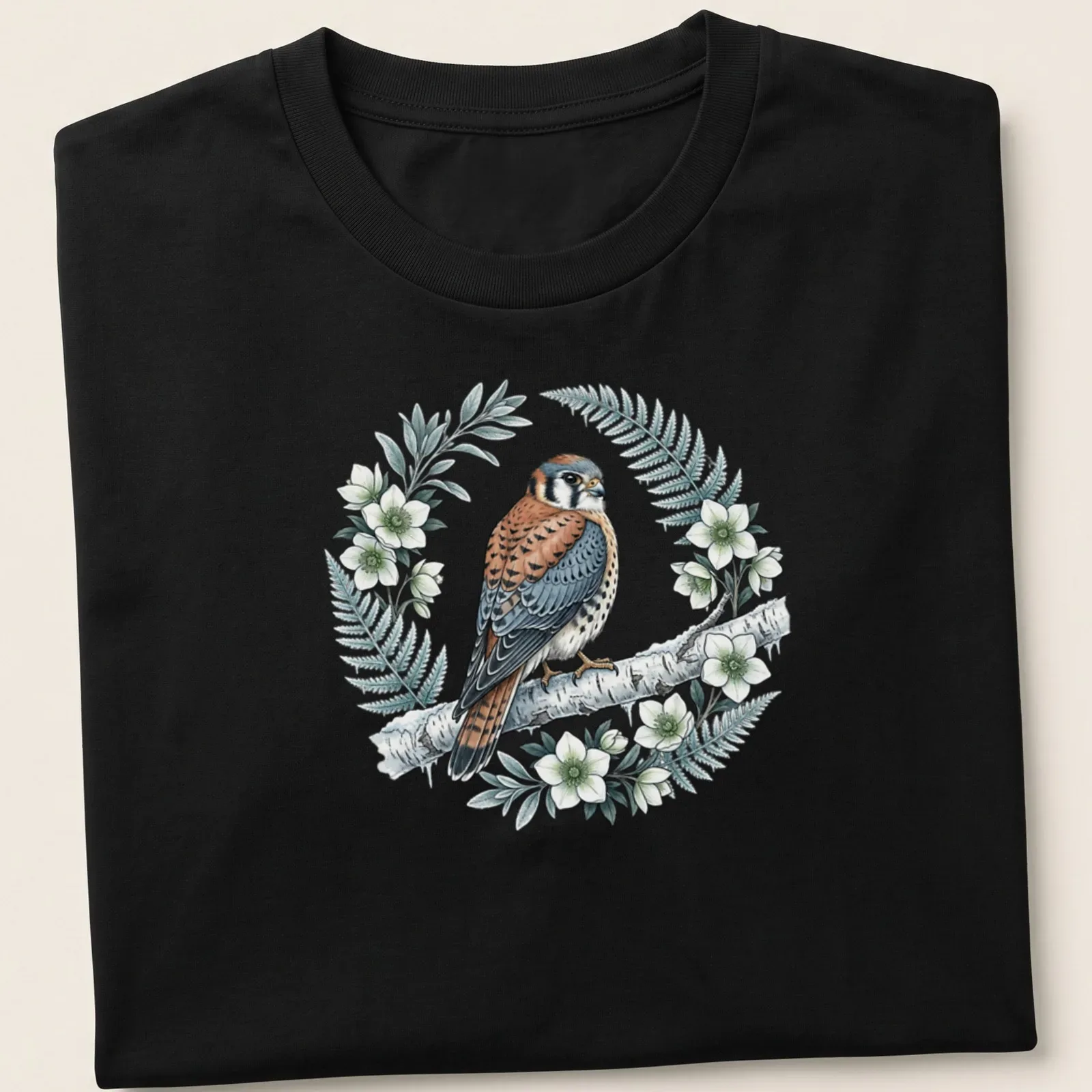 Vintage botanical illustration of American Kestrel bird in a wreath — printed on a unisex t-shirt