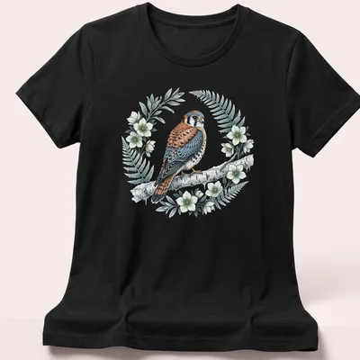 Vintage botanical illustration of American Kestrel bird in a wreath — printed on a women's shirt