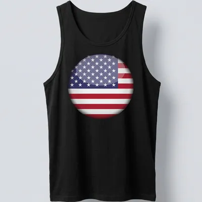 3D round graphic of the American flag in red, white, and blue — printed on a tank top