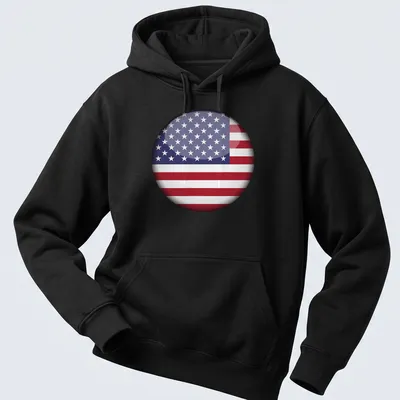 3D round graphic of the American flag in red, white, and blue — printed on a unisex hoodie