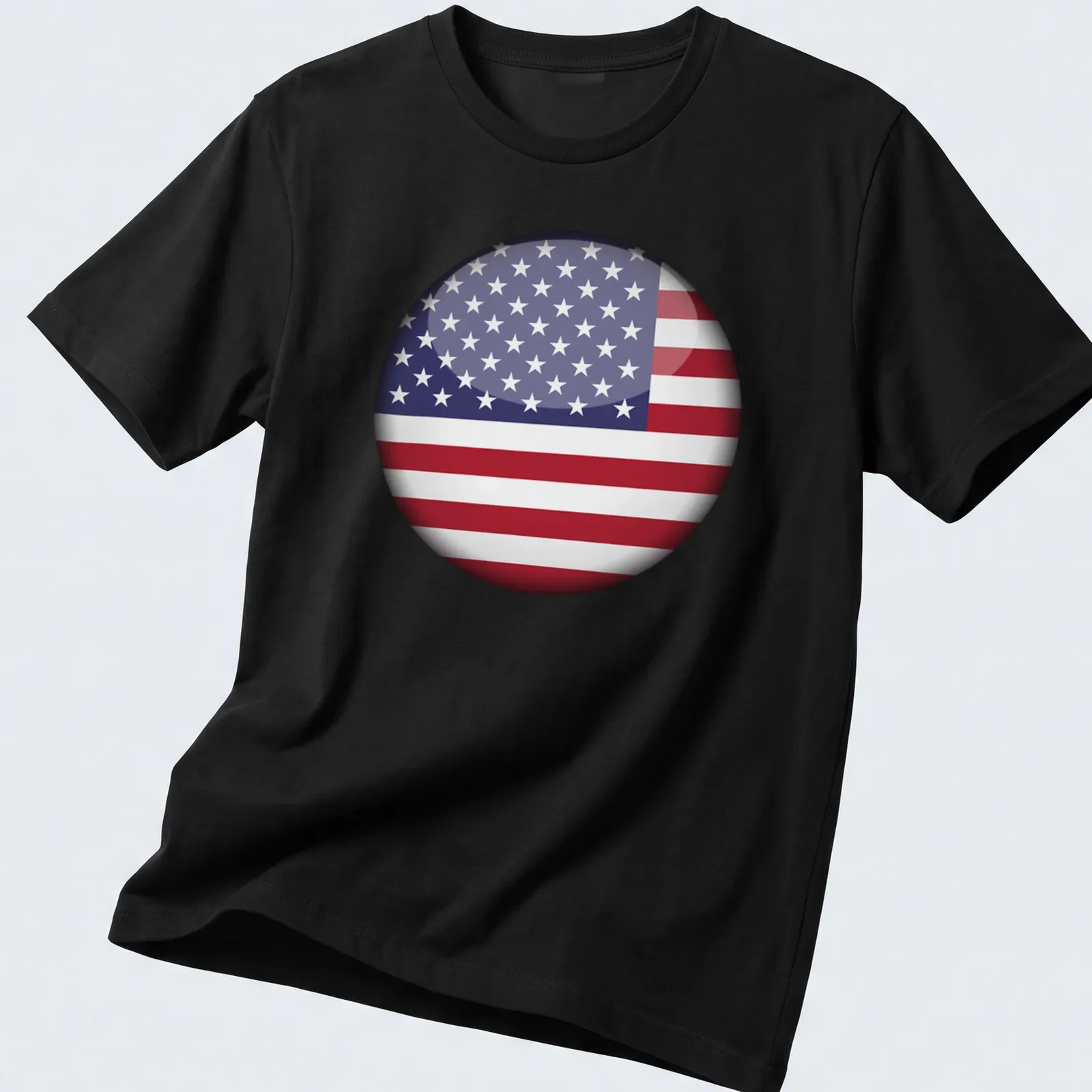 3D round graphic of the American flag in red, white, and blue — printed on a unisex t-shirt