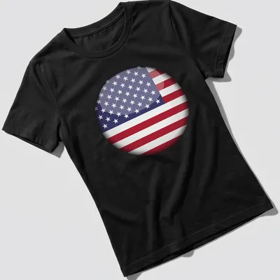3D round graphic of the American flag in red, white, and blue — printed on a women's shirt