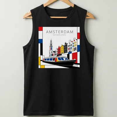 Mondrian style T-shirt featuring Amsterdam cityscape with a boat in red, blue, yellow, black, and white — printed on a tank top