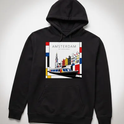 Mondrian style T-shirt featuring Amsterdam cityscape with a boat in red, blue, yellow, black, and white — printed on a unisex hoodie