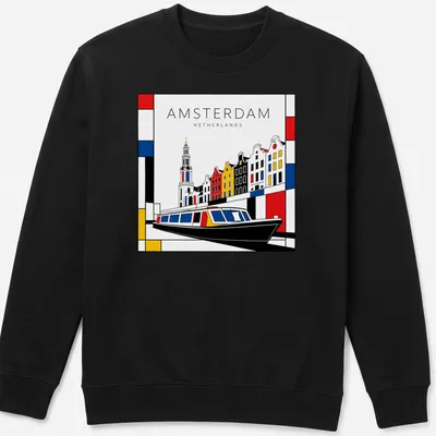 Mondrian style T-shirt featuring Amsterdam cityscape with a boat in red, blue, yellow, black, and white — printed on a unisex sweatshirt