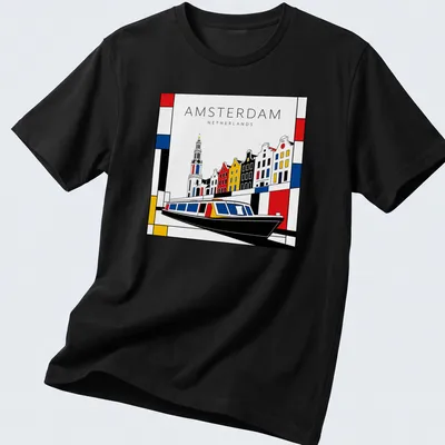 Mondrian style T-shirt featuring Amsterdam cityscape with a boat in red, blue, yellow, black, and white