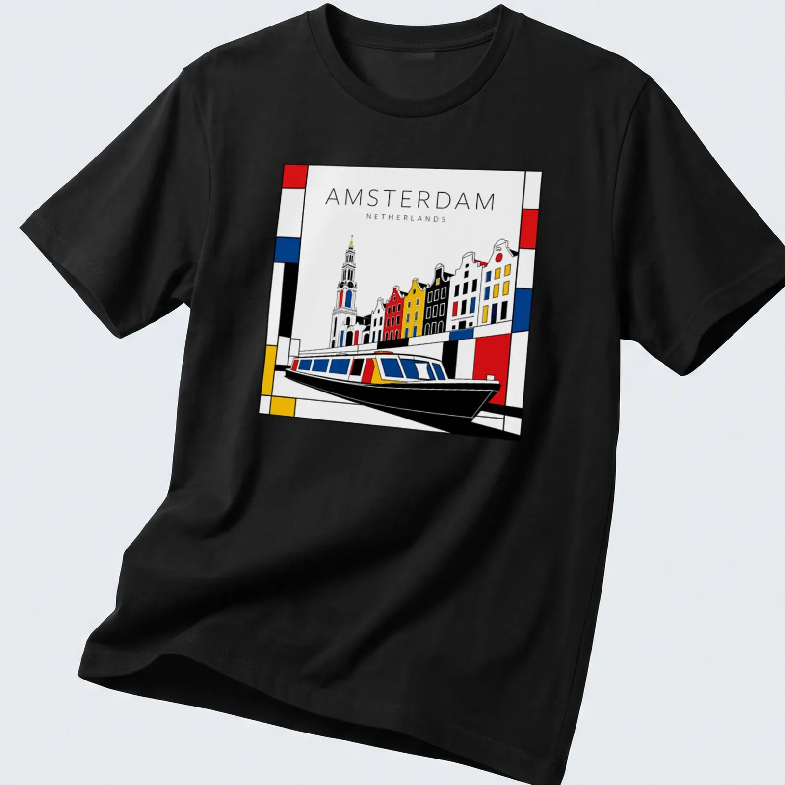 Mondrian style T-shirt featuring Amsterdam cityscape with a boat in red, blue, yellow, black, and white — printed on a unisex t-shirt