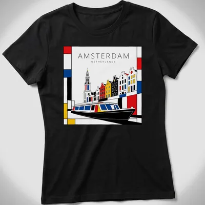 Mondrian style T-shirt featuring Amsterdam cityscape with a boat in red, blue, yellow, black, and white — printed on a women's shirt