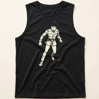 Silhouette of Amuro Ray from Gundam in Sumi E style with light gray and black — printed on a tank top