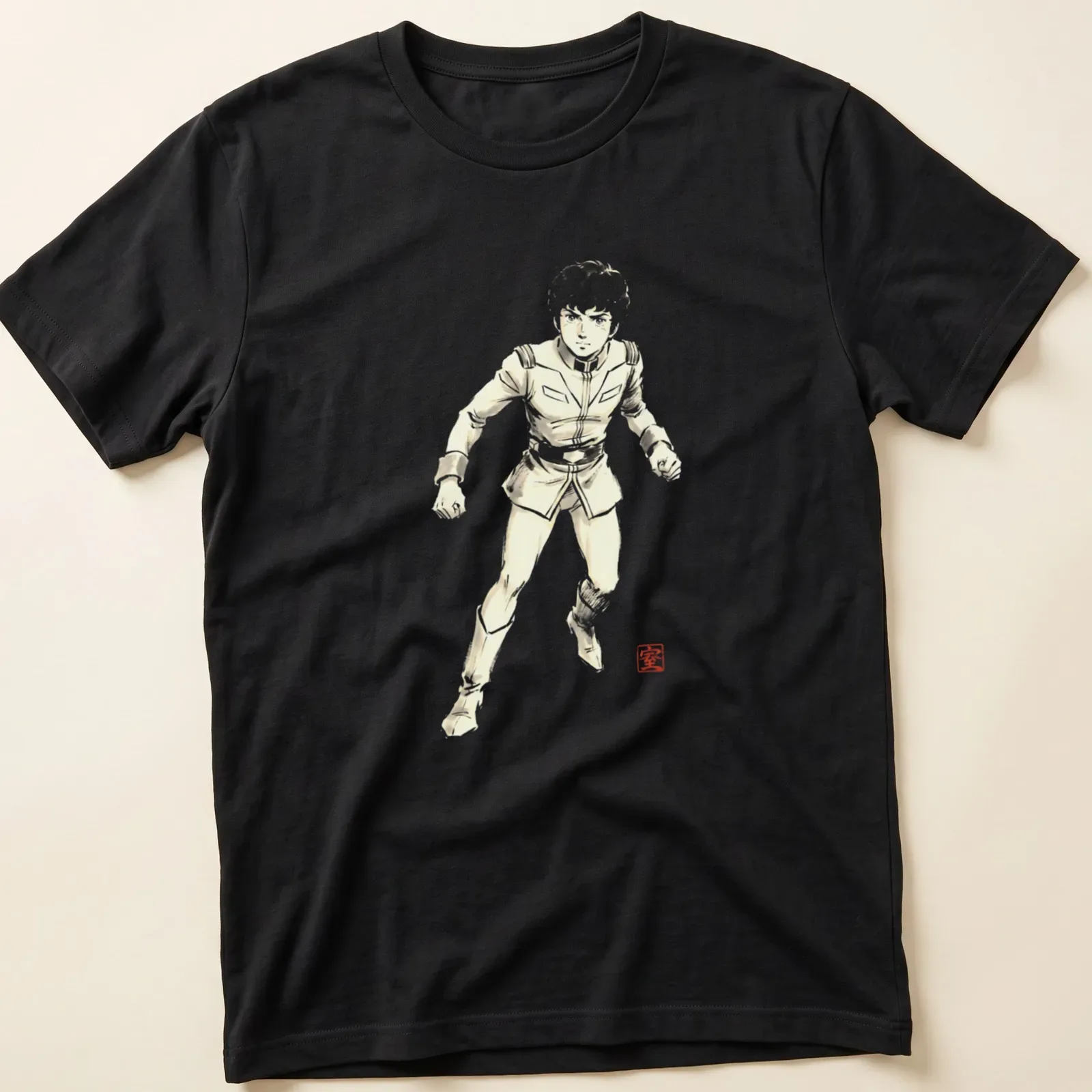 Silhouette of Amuro Ray from Gundam in Sumi E style with light gray and black — printed on a unisex t-shirt