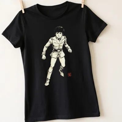 Silhouette of Amuro Ray from Gundam in Sumi E style with light gray and black — printed on a women's shirt