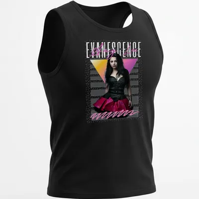 Vintage Amy Lee Evanescence tee featuring retro style in black, pink, yellow, and white — printed on a tank top