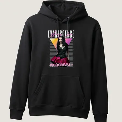Vintage Amy Lee Evanescence tee featuring retro style in black, pink, yellow, and white — printed on a unisex hoodie