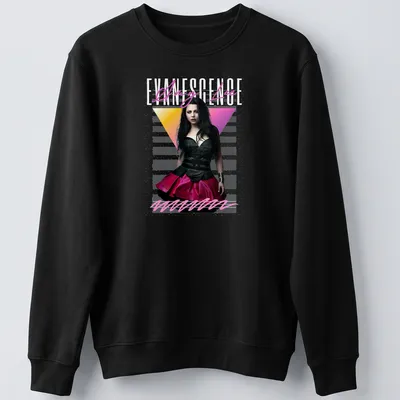 Vintage Amy Lee Evanescence tee featuring retro style in black, pink, yellow, and white — printed on a unisex sweatshirt