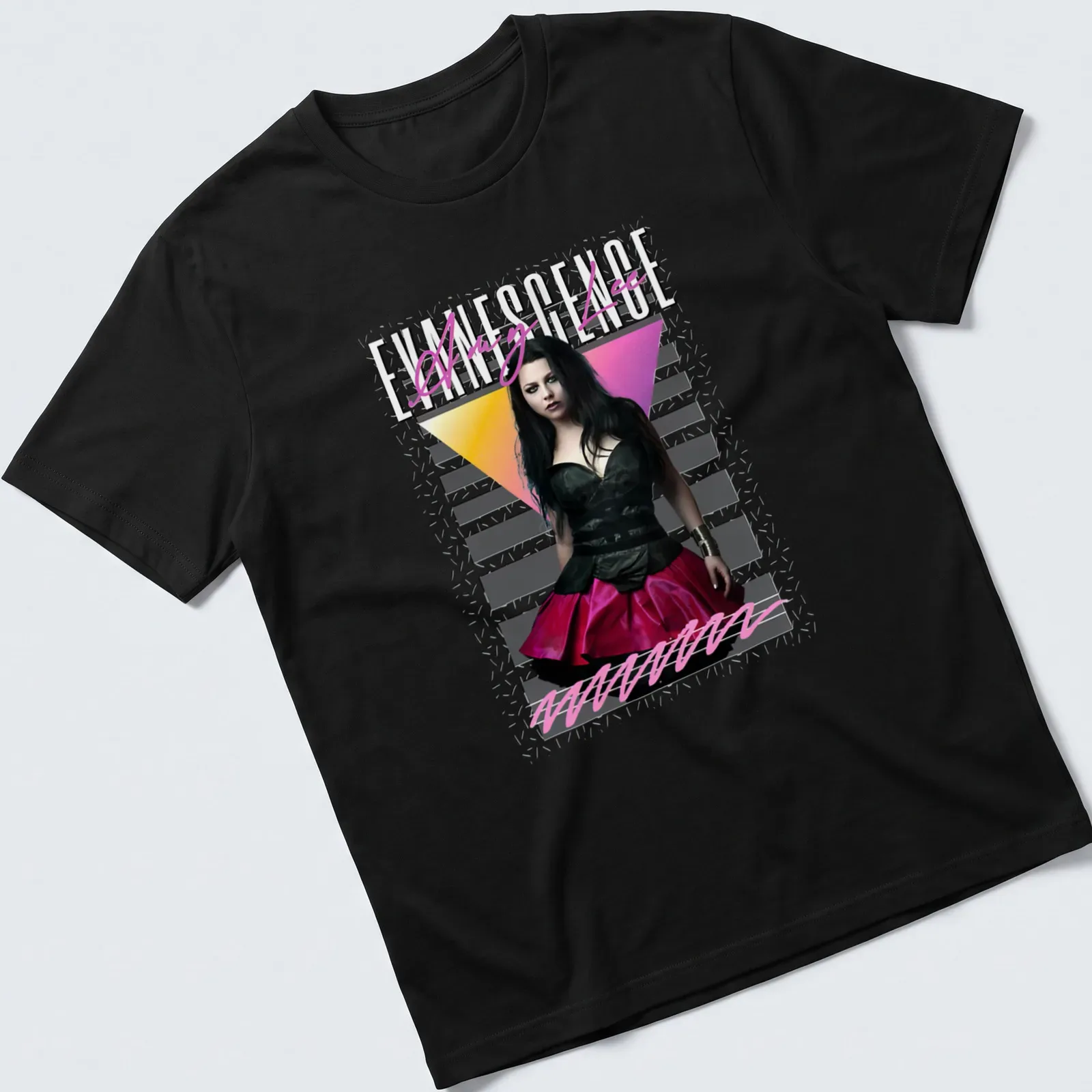 Vintage Amy Lee Evanescence tee featuring retro style in black, pink, yellow, and white — printed on a unisex t-shirt