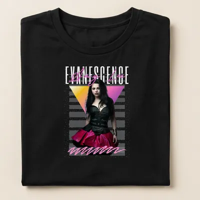 Vintage Amy Lee Evanescence tee featuring retro style in black, pink, yellow, and white — printed on a women's shirt