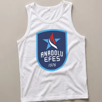 Anadolu Efes logo t-shirt with a modern emblem in blue, red, and white — printed on a tank top