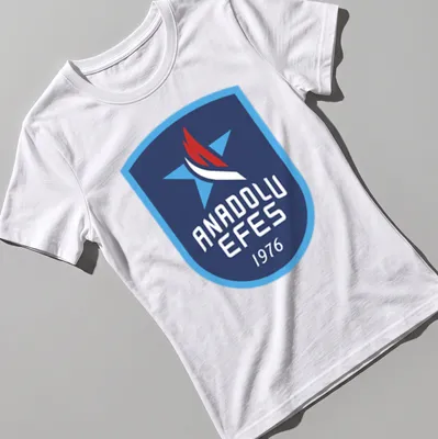 Anadolu Efes logo t-shirt with a modern emblem in blue, red, and white — printed on a women's shirt