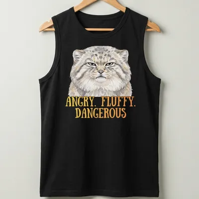 Illustration of an angry fluffy Pallas Cat with bold text above — printed on a tank top