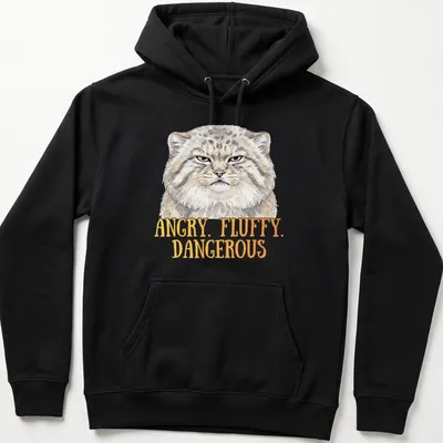 Illustration of an angry fluffy Pallas Cat with bold text above — printed on a unisex hoodie