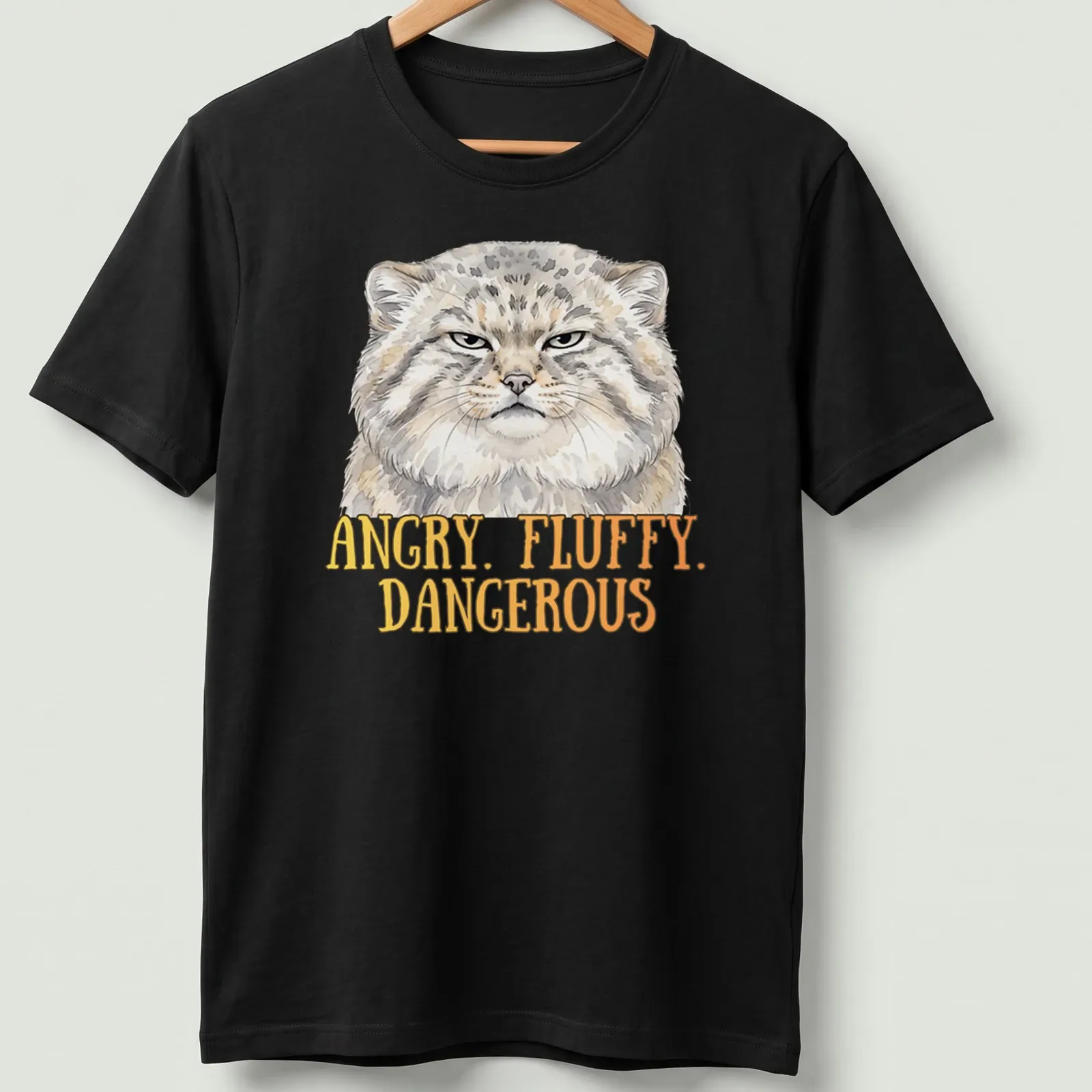 Illustration of an angry fluffy Pallas Cat with bold text above — printed on a unisex t-shirt