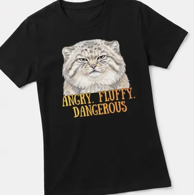 Illustration of an angry fluffy Pallas Cat with bold text above — printed on a women's shirt