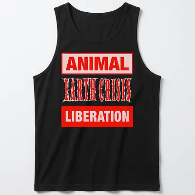 Bold typography t-shirt with the text Animal Earth Crisis Liberation in red and white — printed on a tank top