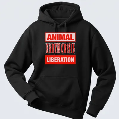 Bold typography t-shirt with the text Animal Earth Crisis Liberation in red and white — printed on a unisex hoodie