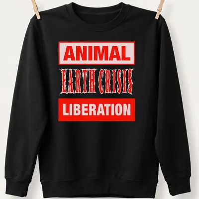 Bold typography t-shirt with the text Animal Earth Crisis Liberation in red and white — printed on a unisex sweatshirt