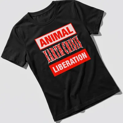 Bold typography t-shirt with the text Animal Earth Crisis Liberation in red and white — printed on a women's shirt