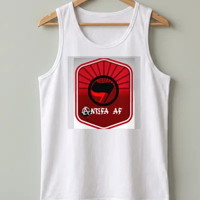 Bold Antifa AF T-shirt featuring the Antifa symbol in red, black, and white — printed on a tank top