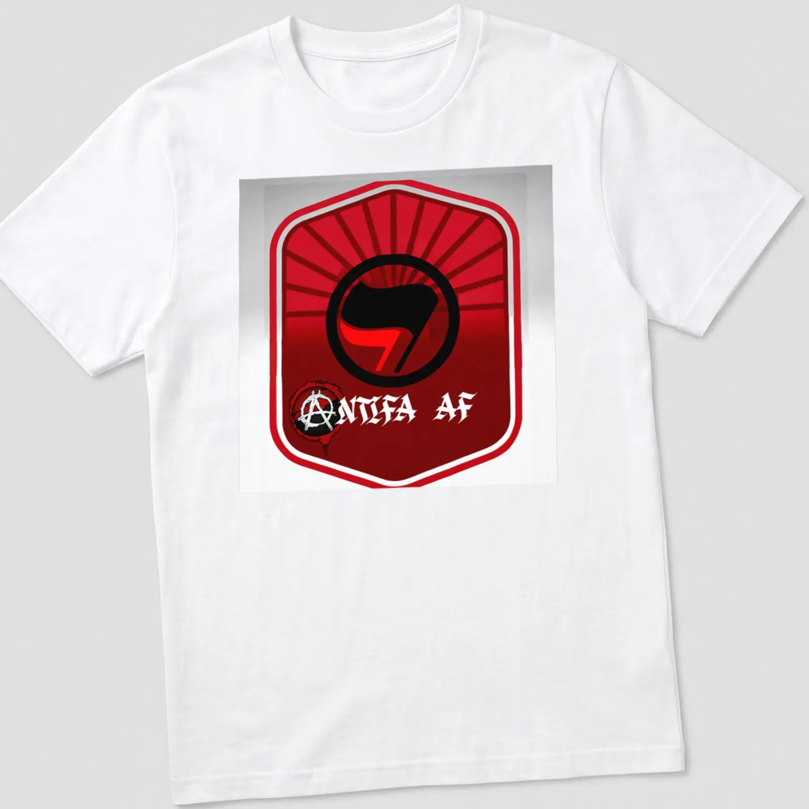 Bold Antifa AF T-shirt featuring the Antifa symbol in red, black, and white — printed on a unisex t-shirt