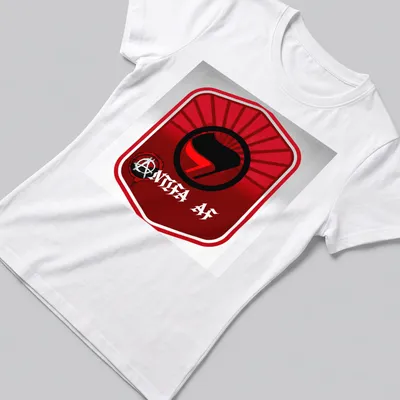 Bold Antifa AF T-shirt featuring the Antifa symbol in red, black, and white — printed on a women's shirt